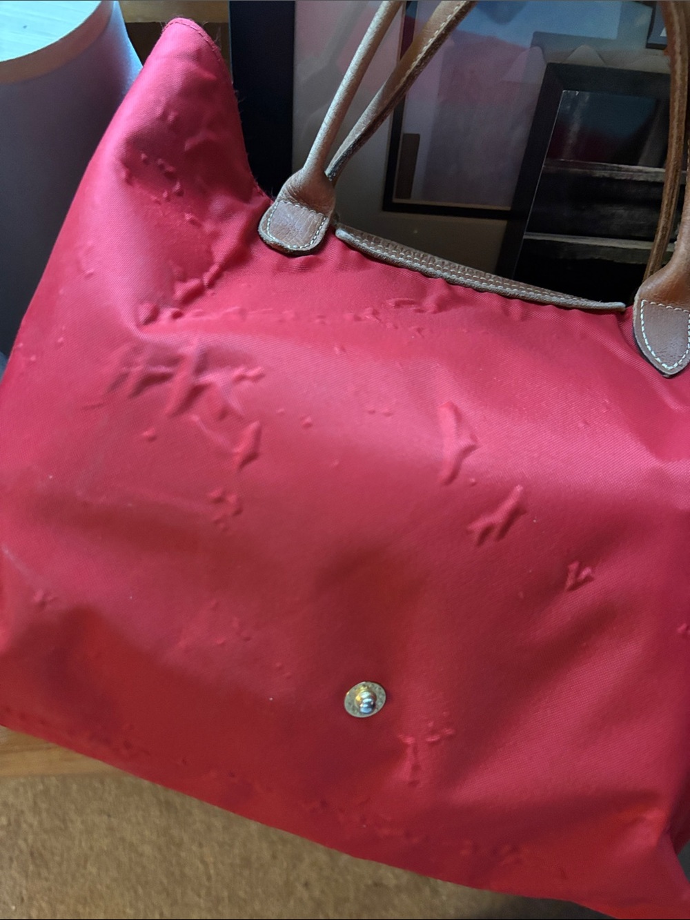 Red Longchamp Nylon Tote Bag with Brown Leather Trim - Picture 7 of 13